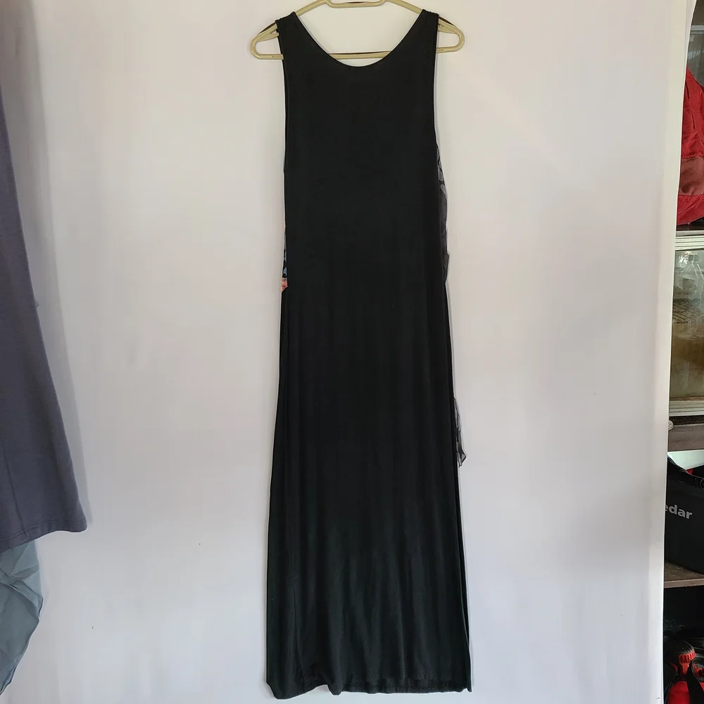 Sundance Black Maxi Dress with Sheer Silk Floral / Peacock Overlay Accent Medium